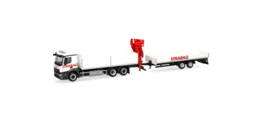 Herpa 320665 Mercedes-Benz Actros M Baustoff-LKW mit Kran und Tieflade-Anhänger "STRABAG" (Österreich)