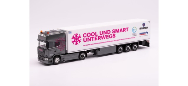 Herpa 942881 Scania R 13 TL Kühlkoffer-Sattelzug "Trucker-Babe Christina Scheib" Bayern/Gmund am Tegernsee)