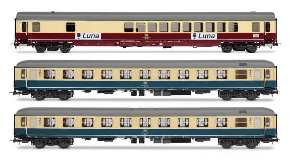 HR4349 DB, 3-tlg. Set Nachtschnellzug „Luna“, bestehend aus 1 x Bar-Gesellschaftswagen WGmh 854, in rot/beiger Farbgebung und 2 x Bcm 246, in ozeanblauer Farbgebung , Ep. IV