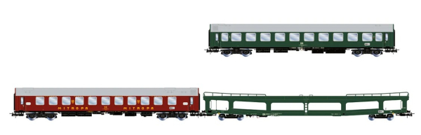 HR4418 DR, 3-tlg. Set des Autoreisezug „Berlin – Lörrach", bestehend aus 1 x Bc, 1 x WLAB und 1 x DDm, in grün-roter Farbgebung, Ep. IV